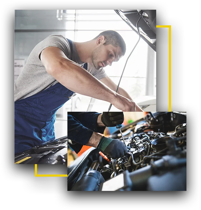 Picture showing car service worker repairing vehicle.
